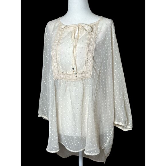 Maurices Size M Womens Sheer Polka Dot Cream Relax Blouse With Crochet Detail - Picture 1 of 9